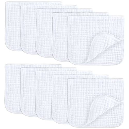 Comfy Cubs Muslin Burp Cloths Set (20”X10”, Pack of 10) - Large, 6-Layer, Ultra Absorbent 100% Cotton for Baby Spit-Up, Drool, and Messes - Soft, Gentle - Great, (White)