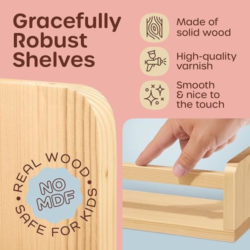 Wall-Mounted Nursery Bookshelves - 4 Long + 2 Mini Shelves, Kids Room Storage (Varnished Pine Wood)