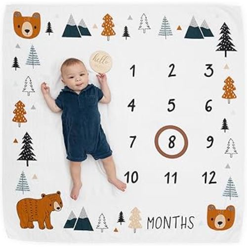 Pondering Pine Organic Baby Monthly Milestone Blanket Boy - Growth Age Blanket for 1-12 Months Milestones with Month Marker Frame and Newborn Announcement Disc, Woodland, Bear, 47”x47”