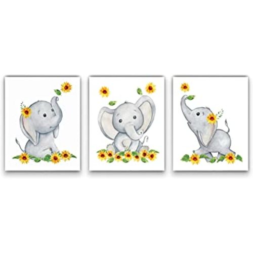 Elephant and Sunflower Nursery Decor Wall Art -SET of 3 8x10 UNFRAMED Watercolor Nursery Prints will fit perfectly with your Baby Elephant Nursery Decor and Sunflower Baby Stuff! MADE IN USA
