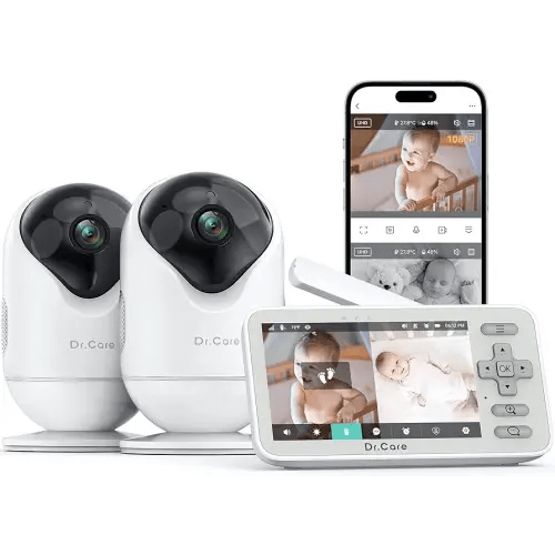 VistaView Lite Smart WiFi Baby Monitor with 2 Cameras- 4” 720P Split Screen & 1080P Camera App Control, Motion Alerts, Night Vision, 3000mAh Battery, 2-Way Talk, Triple Security, 1000ft Range