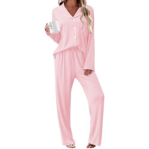 Ekouaer Womens Pajama Sets 2 Piece Long Sleeve Sleepwear Soft Button Down Pjs Lounge Set S-XXL