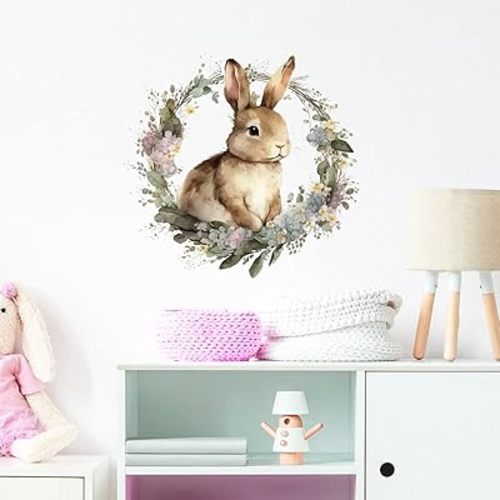 Cute Bunny in the Garland Wall Decal Nursery Rabbit Animal Easter Wall Sticker Removable Peel and Stick Wall Art Decor for Kids Baby Classroom Preschool Living Room Playing Room Bedroom School