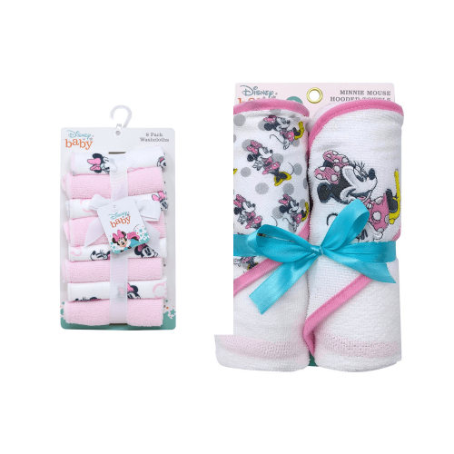 Disney Baby Minnie Mouse 2-Pack Hooded Towels Set & Mickey Mouse 8pk Washcloths, Washcloths & Hooded Towels Bundle, Pink
