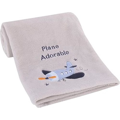 NOJO Little Love Soar High Little One Gray and Light Blue Airplane Super Soft Baby Blanket
