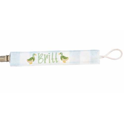 Duck Pacifier Clip | Personalized Baby Pacifier Holder | Blue Gingham Baby Gift | Custom Name Clip | Baby Boy Shower Gift | Farm Nursery