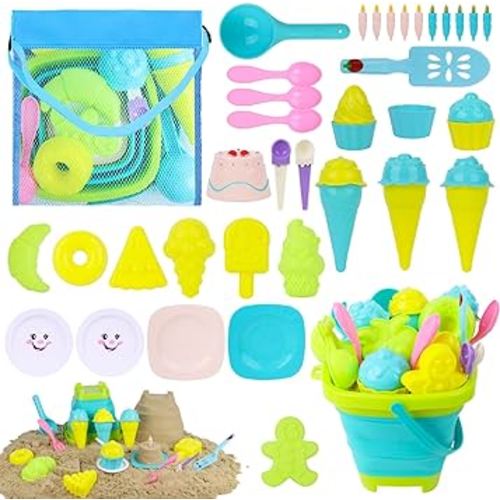 AMOR PRESENT 42PCS Ice Cream Beach Toys Sand Toys Set, Collapsible Sand Bucket and Shovels Set with Mesh Bag Sand Molds Sandbox Toys Travel Sand Toys for Kids and Toddlers
