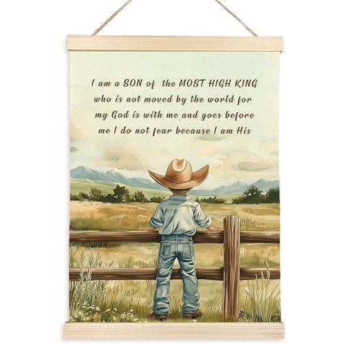 CGBHW Christian Cowboy Poster Hanger Frame, Western Bible Verse Scripture Inspirational Posters Wall Art Hanging Decor，Newborn Baptism Gift for for Boys Toddler Room Nursery Classroom, 12x16Inch