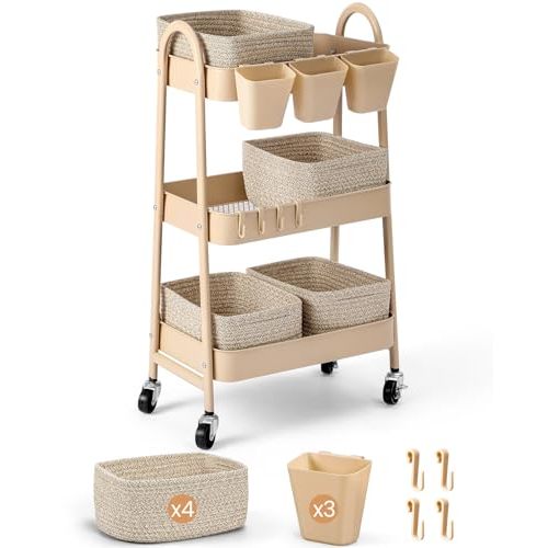 3-Tier Rolling Utility Cart with 4 Woven Baskets, Diaper Book Snack Cart, Storage Organizer for Nursery, Kitchen, Craft Room, Home SPA, Living Room, Metal Frame Trolley on Lockable Wheels, Brown