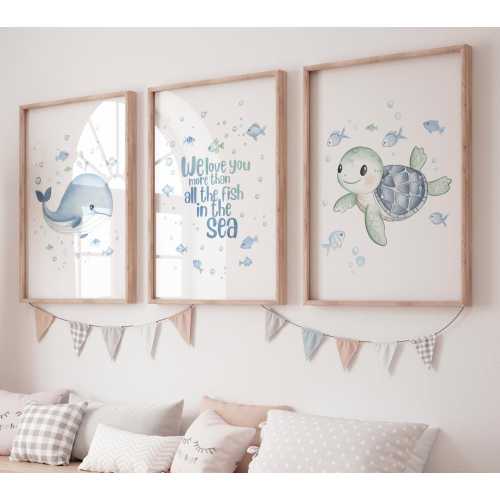 Ocean Nursery Wall Art Set – Whale Turtle Quote Prints – Sea Animal Baby Room Decor – Under the Sea Watercolor Baby Boy Wall Art