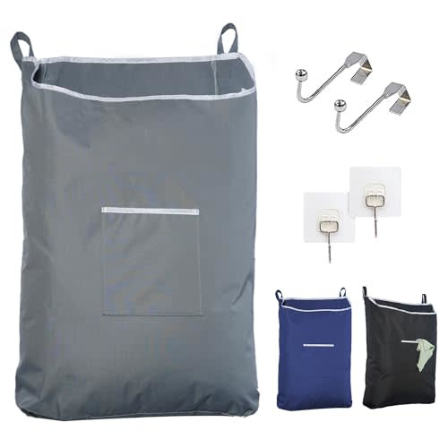 The Fine Living Co. Large Hanging Laundry Hamper with Over Door Hooks & Adhesive, Durable Space Saving Laundry Bag with Zipper and Wide Open Top, Hanging Dorm Laundry Hamper 17.5"x4.75"x28" (Grey-L)
