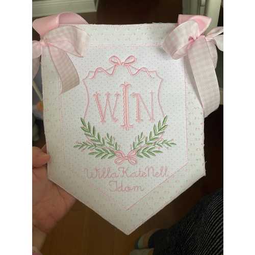 Custom baby banner, Welcome baby pennant, Monogram hospital door sign, Embroidered sign with ribbon and bows, Bassinet banner with stork