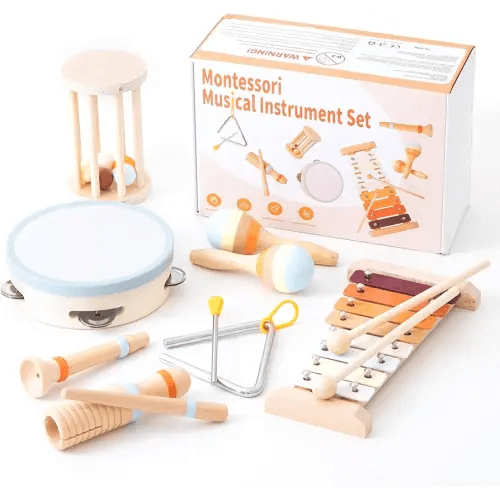Baby Musical Instruments-Montessori Wooden Toys for Toddlers 1-3, 7-Piece Set of Neutral Colors Percussion Instruments Set with Modern Boho Xylophone for Kids Preschool Educational Birthday Gifts 3+
