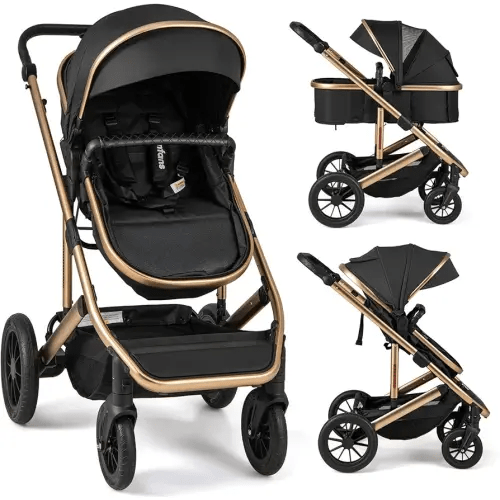 INFANS 2 in 1 Baby Stroller, Folding Newborn Pram Convertible Stroller Bassinet for Infant Foldable High Landscape Shock Absorption with Reversible Seat Aluminum Structure for Pushchair (Black)