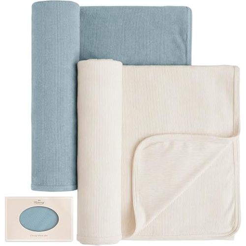 Konssy Knit Baby Blanket 2 Pack, Soft Ribbed Swaddle Receiving Blankets for Boys & Girls, Lightweight Cozy Swaddling Wrap for Newborns, Infants, & Toddlers, 33x42 Inch (Blue, Beige)