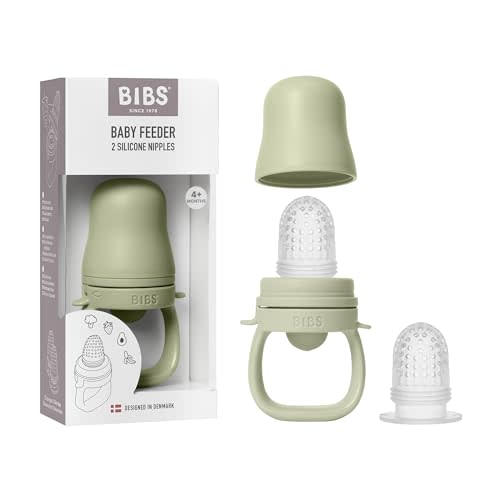 BIBS Baby Feeder with 2 Silicone Nipples, Compatible with Freezer Tray, Easy-Grip, BPA-Free - Ideal for Teething & Self-Feeding, 4+ Months - Sage