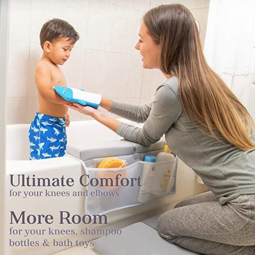 Baby Bath Kneeler and Elbow Rest Pad Set - Non-Slip Painless Thick Kneeling Pad - Foam Kneeling Pad for Bathing Babies - Knee Saver & Elbow Pad with 4 Pockets Toy Organizer - Bath Kneeler Grey 22 Inch - X-Large