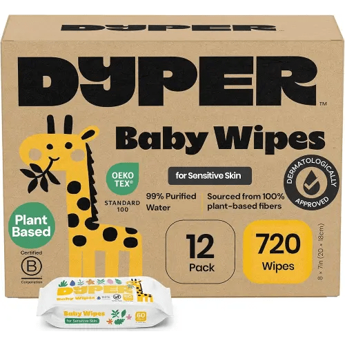 DYPER Baby Wipes Unscented (720 Count) - 99% Water-Based & Hypoallergenic Baby Wipes, Made with Plant-Based Materials, Gentle for Sensitive Skin, Fragrance & Plastic-Free Wet Wipes, 12 Pack