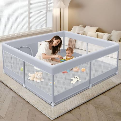 Baby Playpen 50 x 50 Inch Play Pen Playards, Playpen for Babies and Toddlers, Baby Playard for Indoor & Outdoor Active Center Game Fence, with Skin-Friendly Fabric and Soft Breathable Mesh Grey