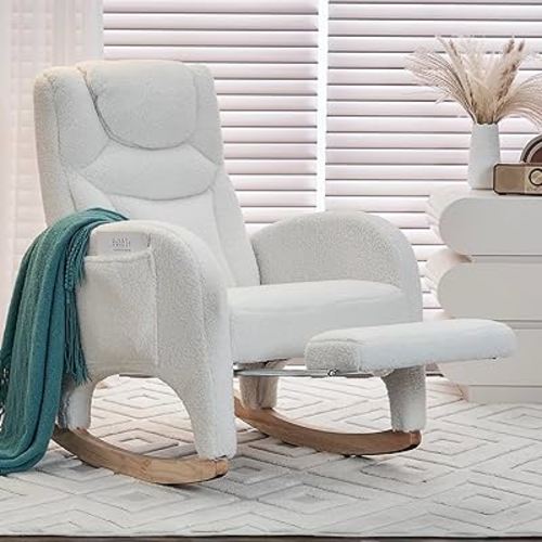 Rocking Chair with Foot Rest, Nursery Glider Teddy Gliding Rocking Chair with Retractable Footrest Rubber Wood Legs Side Pocket High Back & Wide Seat Nursing Chair for Living Room (Ivroy)