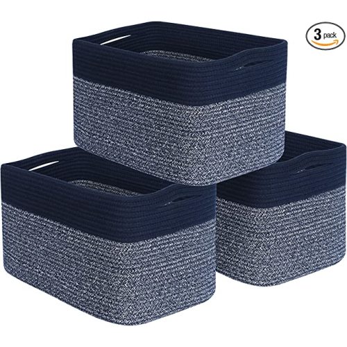 MINTWOOD Design 3-Pack Storage Baskets for Shelves, Playroom and Classroom Storage Basket, Book Basket, Decorative Storage Cube Bins, Woven Closet Organizers, Pantry and Shoe Organizer, Navy Blue