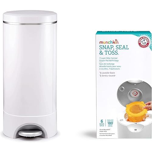 Munchkin® STEP™ Diaper Pail Powered by Arm & Hammer, #1 in Odor Control, Award-Winning, Includes 7 Snap, Seal & Toss™ Bags, 1 Starter Refill Ring, and 1 PUCK™ Baking Soda Cartridge
