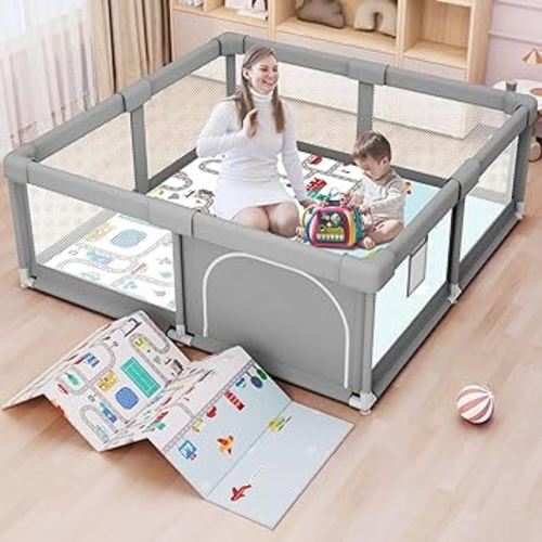 Baby Playpen Baby Playard, Playpen for Babies and Toddlers with Gate, 50x50 Baby Fence, Sturdy Safety Playpen, Indoor & Outdoor Kids Activity Center(with Mat)