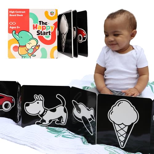 Happy Start Award-Winning High Contrast Board Book - Newborn Black & White Baby Cards, Easy to Clean, Hospital Approved, Stands on Its Own, Tummy Time Toy, Ages 0+ (English)