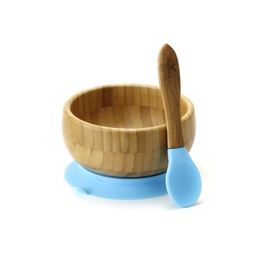 Avanchy Bamboo Stay Put Suction Baby Bowl + Spoon Blue