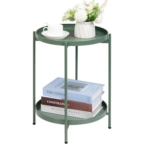 HollyHOME 2-Tier Round Side Table, Outdoor Small Folding Accent Stand with Removable Tray, Anti-Rust Metal Asional Table for Balcony Patio Living Room, Nightstand for Bedroom(Matcha Green)