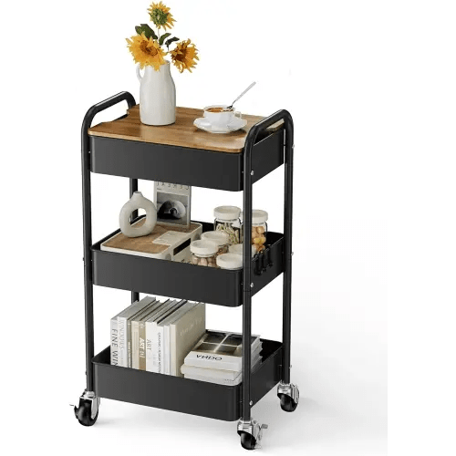 johgee 3 Tier Rolling Cart with Table top, Metal Utility Cart, Sturdy Storage Organizer Cart with Locking Wheels & Hooks for Office, Classroom, Kitchen and Bathroom