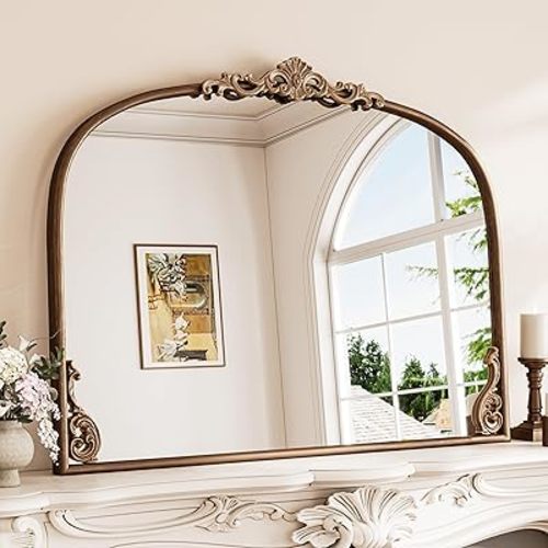 TETOTE Antique Gold Arched Mirror for Mantle Fireplace 40 x 30 Vintage Traditional Baroque French Ornate Wall Mirror with Metal Frame, French Cleat Mount