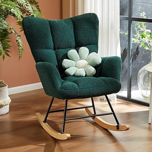 Sweetcrispy Rocking Chair Nursery, Teddy Upholstered Glider Rocker with High Backrest, Reading Chair Modern Rocking Accent Chairs Glider Chair for Nursery, Living Room, Bedroom