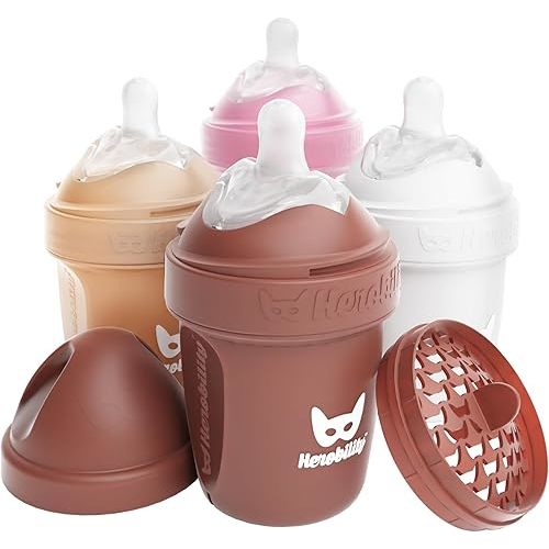 Herobility Double Anti-Colic Baby Bottles – 5 fl oz/140ml – 4-Pack – Multicolor – Sand, Woodchuck, Pink, White