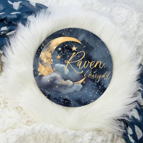 Moon Stars Round Wood Name Sign, Crescent Moon Baby Sign, Round Wood Baby Name Sign, Baby Announcement Sign, Moon Decor, Baby Sign T64