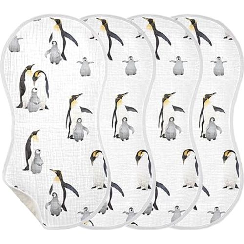Emperor Penguins Pattern Muslin Burp Cloths for Baby 4 Pack 100% Cotton Baby Washcloths Bibs for Boy Girl