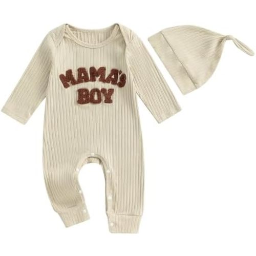 Mandizy Infant Baby Boy Romper Coming Home Outfit Long Sleeve Letter Embroidered Jumpsuit Hat 2Pcs Ribbed Knitted Clothes Set