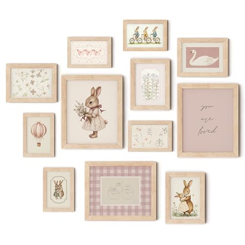 TwoDays Vintage Nursery Decor for Baby Girls, Pink Rabbit Bunny Wall Art for Toddler Kids Playroom, Swan Animals Posters for Bedroom (Multi Sizes, Set of 12, 8 × 10 Largest, Wooden Framed)