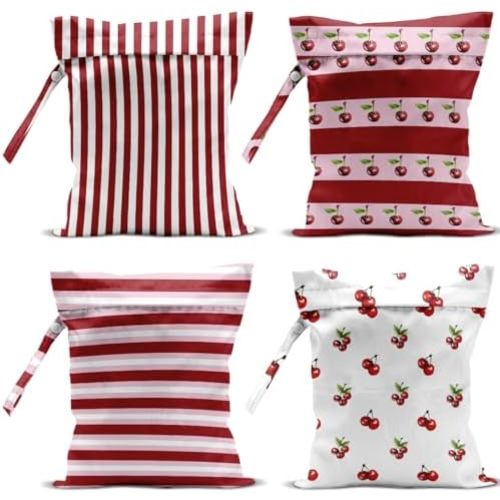 4 Pack Cute Striped Cherry Wet Bag Waterproof Washable Reusable Wet Dry Bag for Swimsuit Bathing Dirty Clothes Pump Parts Cloth Diaper Travel Beach Pool Yoga Gym Toiletries Travel Beach Essentials