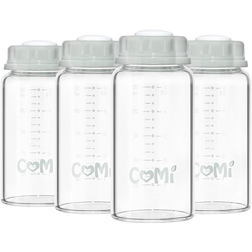 COMI Natural Glass Baby Bottle,Standard Neck Breastmilk Storage Bottle for Fridge,Breast Milk Container,Breast Pump Bottle Compatible with Medela Breast Pump,BPA Free,4PCS (5oz,4 Gray Lids)