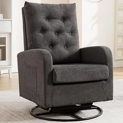 Swivel Rocking Chair Nursery - Glider Modern Accent Chairs Upholstered Linen Rocker Padded Armchair for Indoor Living Room Bedroom Dark Grey