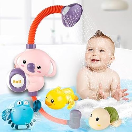 Baby Bath Shower Head Toys for Toddlers, Electric Elephant Water Spray Showerhead & 3 Wind-Up Animals Bathtub Toys, for Max Fun in Tub for Infants Kids Toddlers 1-3