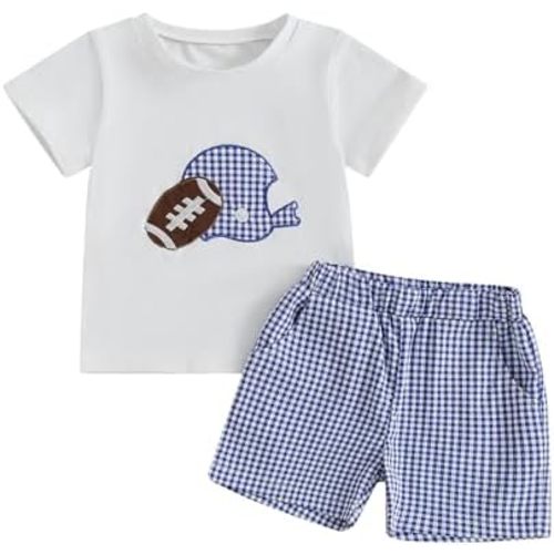 Adobabirl Traje de fútbol para bebé niño pequeño, camiseta bordada de rugby de manga corta con pantalones cortos a cuadros, ropa de verano