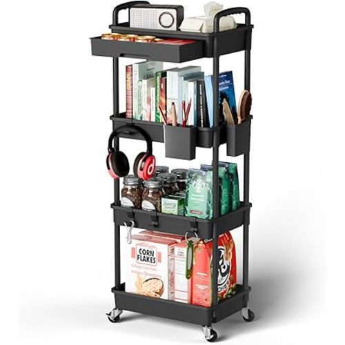 4 Tier Rolling Cart Organizer,Art Craft Diaper Bedside Snack Laundry Room Bathroom Organizer Narrow Thin Slim Rolling Trolley Utility Cart with Wheels for Kitchen,Office(Black)