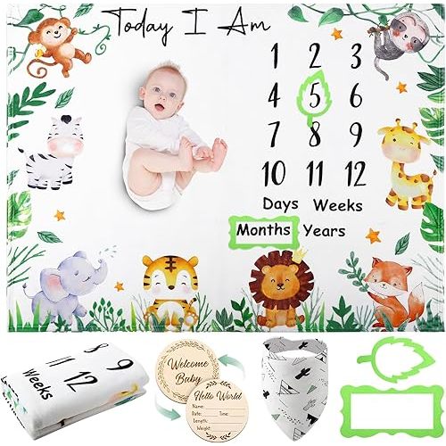 Baby Milestone Blanket for Baby Boy, Animals Baby Monthly Milestone Blanket Safari Baby Growth Blanket Newborn Photography Background with Wooden Signs, Frames, Bandana
