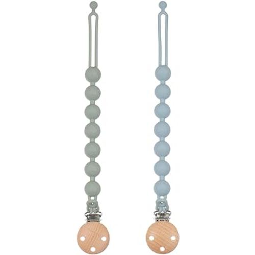 Dirbabi Silicone Pacifier Clips for Baby, 2-in-1 One Piece Design Pacifier Holder & Teething Ring Toy, BPA Free, 2 Pack (Sage+Ether)