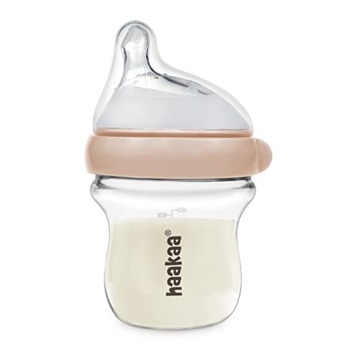 haakaa Gen.3 Natural Glass Baby Bottle 4.2oz/120ml - Wide Neck, Anti-Colic Slow Flow Nipple,Easy to Clean, 0M+ Breastfed Babies, Newborn Registry Essentials,BPA Free-Peach - 4 Ounce
