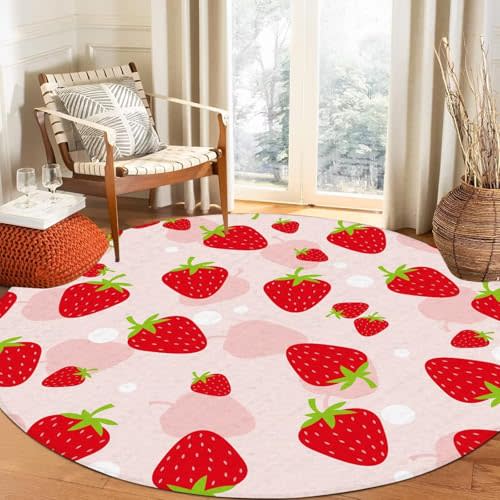 FUYEUN Round Strawberry Rug Kwaii Pink Circle Rugs for Bedroom Dorm Living Room Cute Area Rug Floor Mat Pad Doormat Carpet, 3'X3'(90x90cm)