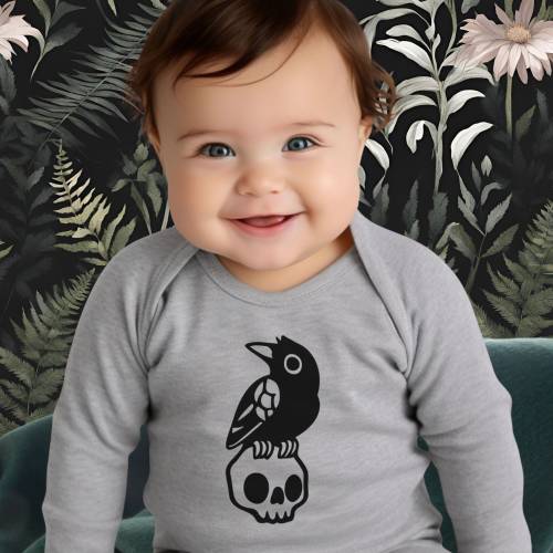 Nevermore Raven On Skull Bodysuit, Crow, Spooky Baby Clothes, Spooky Baby, Gothic Baby Stuff, Gothic Baby Clothes
