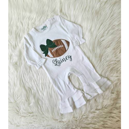 Long Sleeve Embroidered Football Ruffle Romper